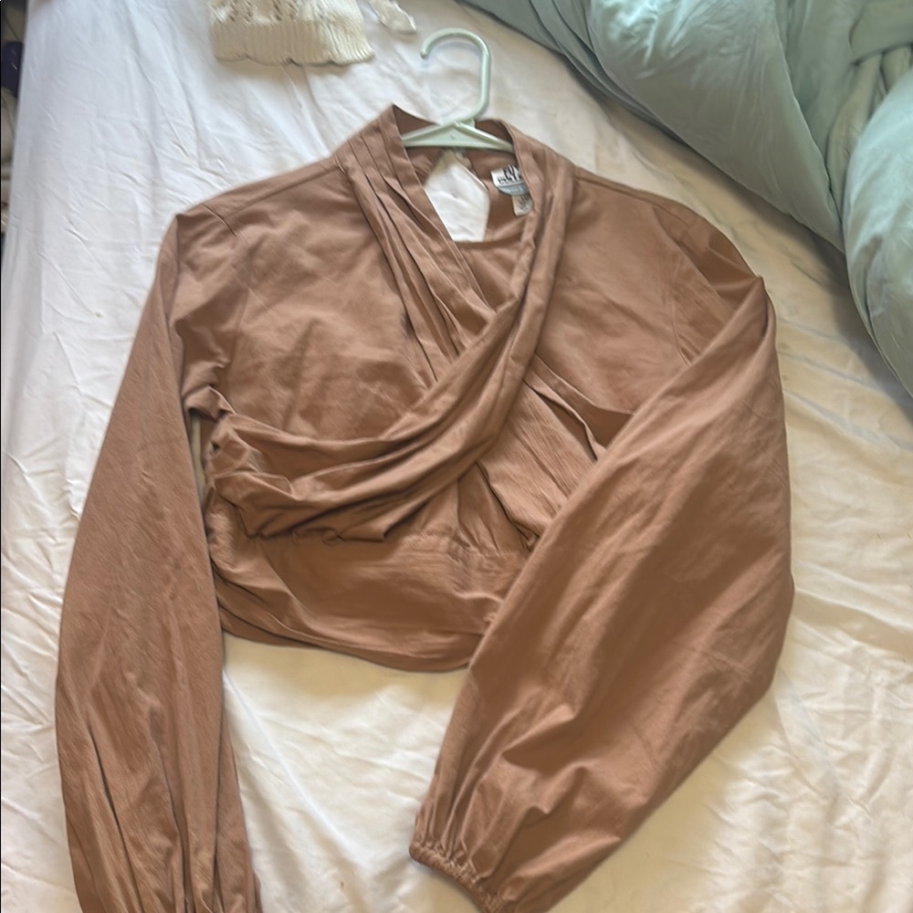 Brown Wrap Crop Blouse with Long Sleeves